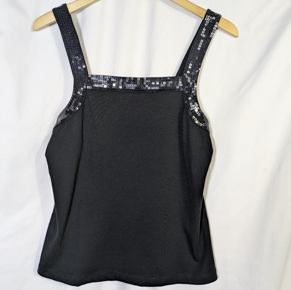 Quacker Factory Tank Top Women's Sequin Embellished Cotton Black Y2K Sz S